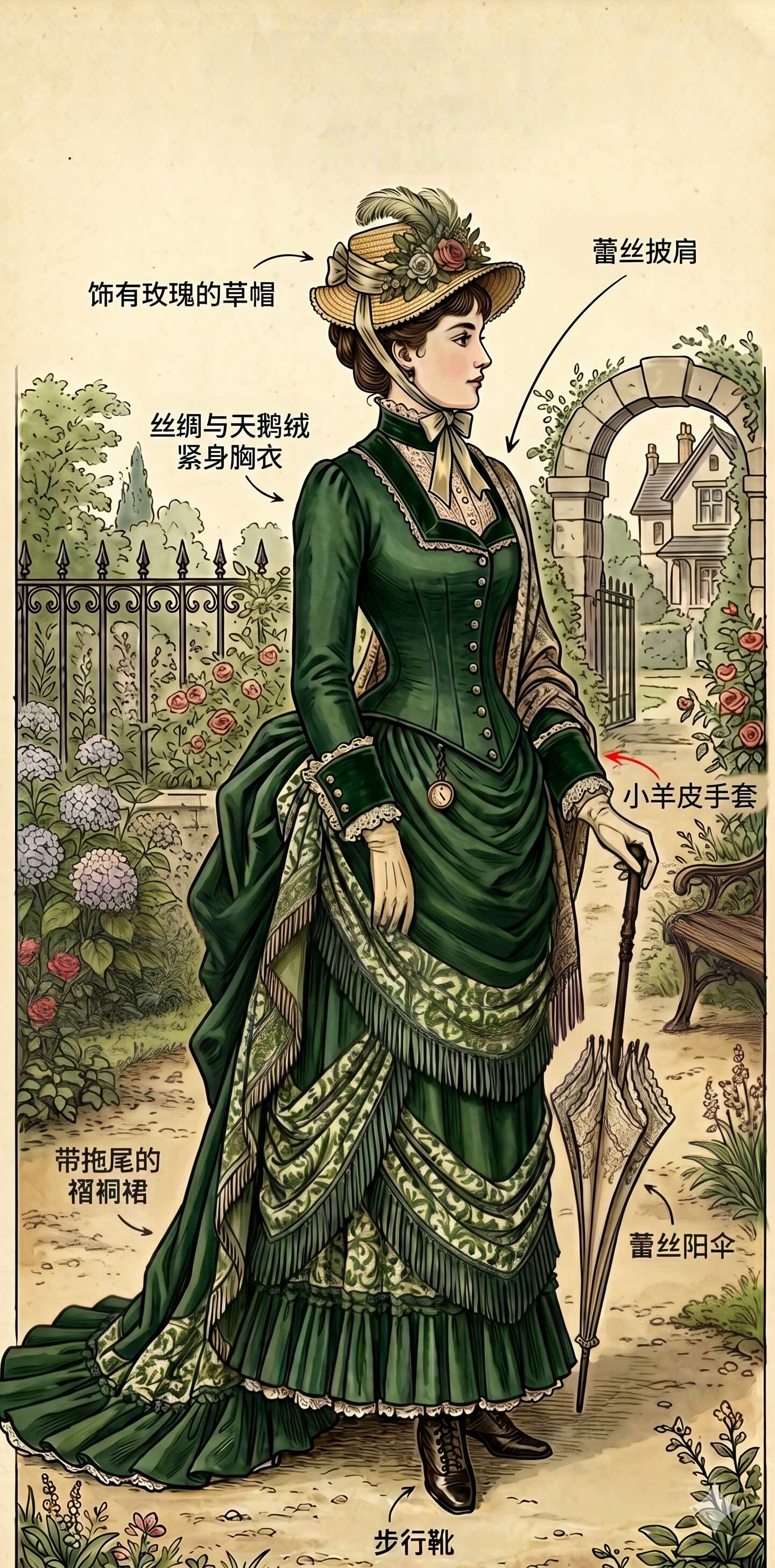 维多利亚时期女性白日裙装珠宝配饰佩戴示范