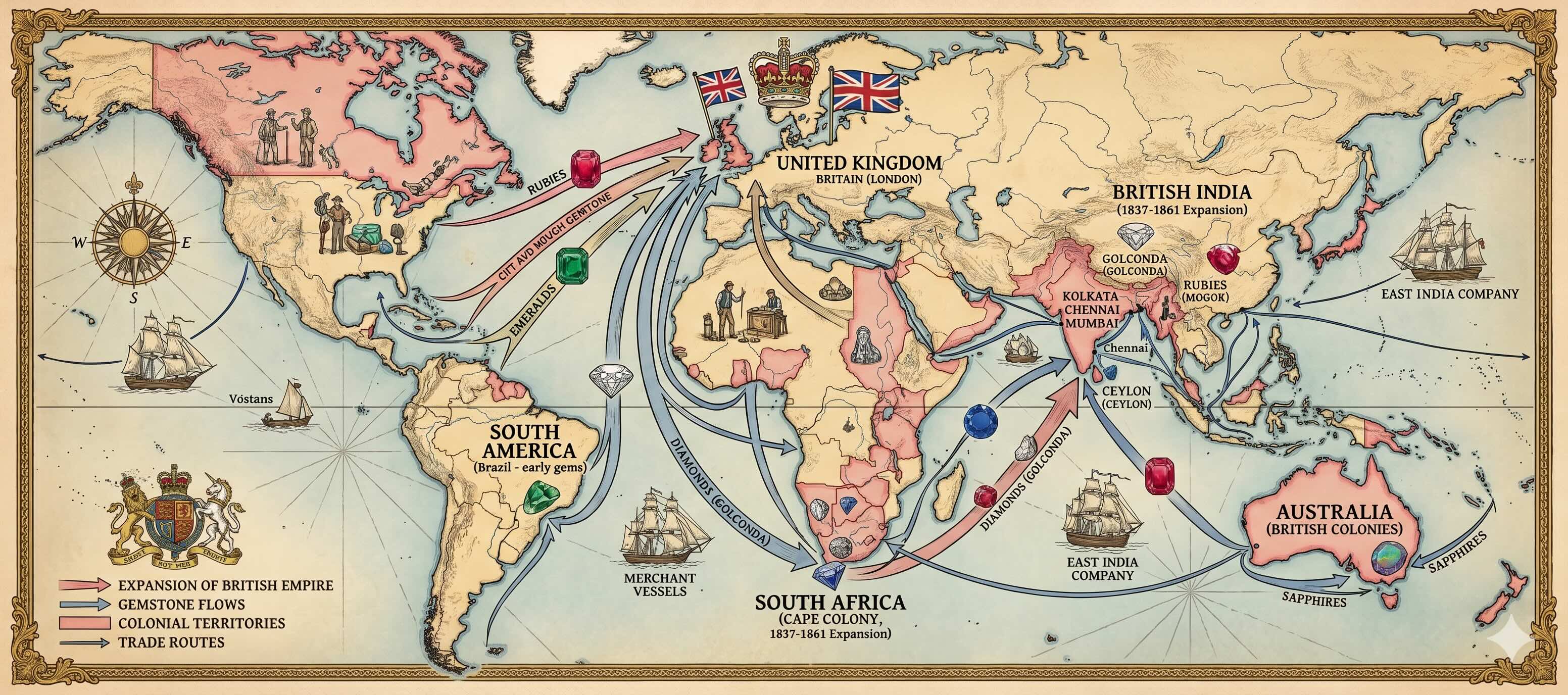1840年代早期殖民扩张与宝石贸易路线图